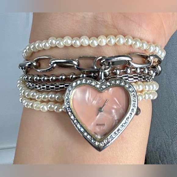 Pink Quartz Rhinestone Heart Jeweled Watch Charm Bracelet Silver and Pearls - Picture 6 of 8